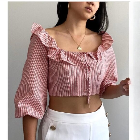 NEW Zara Cotton striped puff sleeve crop top in Red and White, Size L - Picture 6 of 15